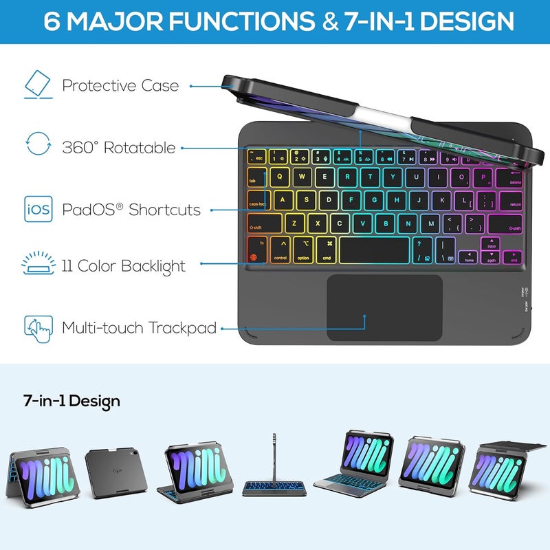 typecase حافظة لوحة مفاتيح لجهاز آيباد ميني 7 (2024) و ميني 6 (2021) - حافظة لاسلكية مع لوحة مفاتيح لجهاز آيباد ميني الجيل السابع والسادس 8.3" - غلاف لوحة مفاتيح مضاءة خلفياً بـ 10 ألوان مع لوحة تتبع - رمادي داكن - Image 4